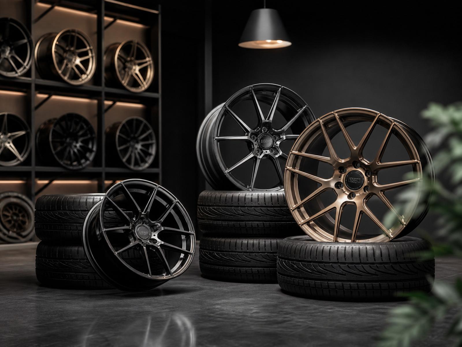 Utställning av premiumfälgar och däck i mörk showroom